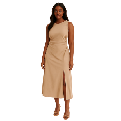 women’s midi dress with front slit in khaki – The Olace