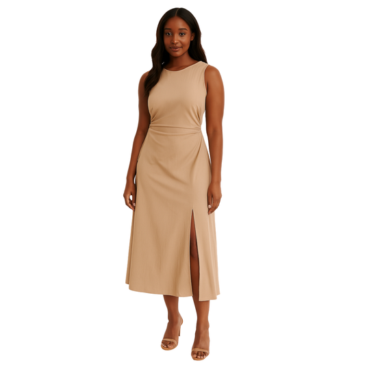 women’s midi dress with front slit in khaki – The Olace