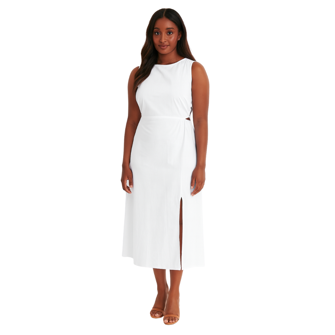 women’s midi dress with front slit in white  – The Olace