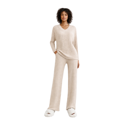 women’s ribbed knit lounge set – beige – front view – The Olace