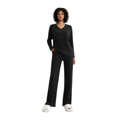 women’s ribbed knit lounge set – black – front view – The Olace