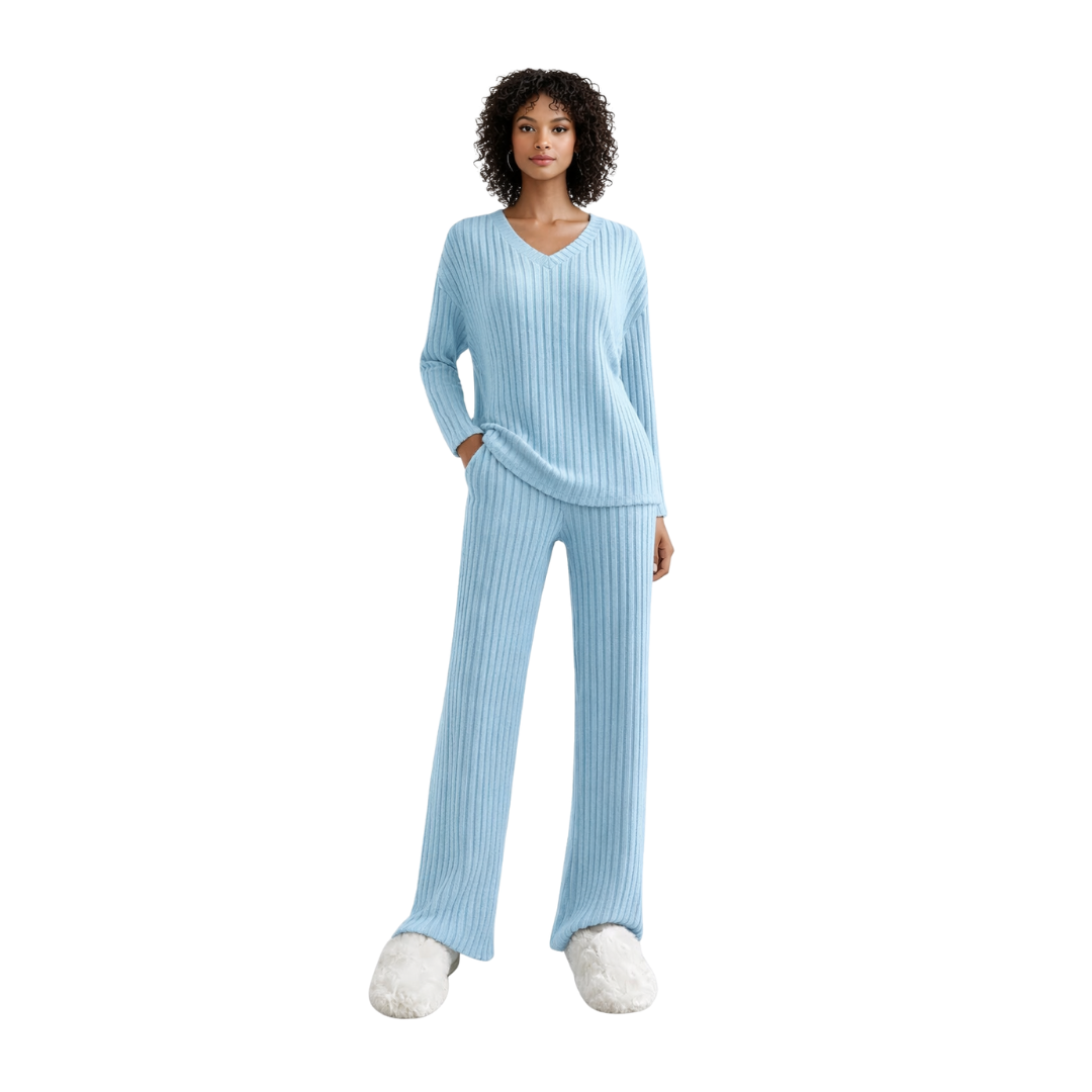 women’s ribbed knit lounge set – blue – front view – The Olace