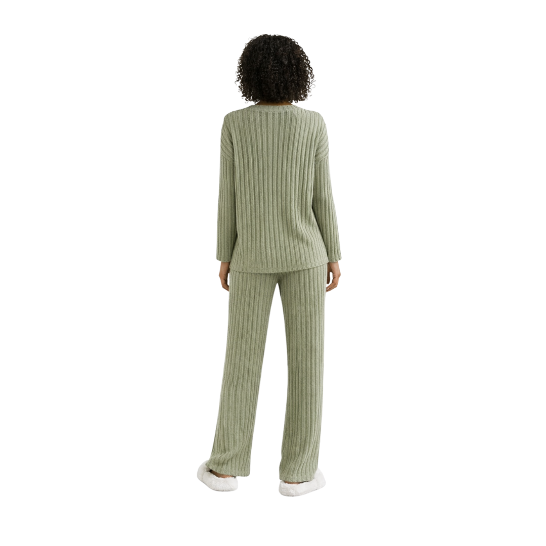 women’s ribbed knit lounge set – green – back view – The Olace