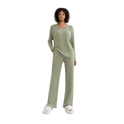 women’s ribbed knit lounge set – green – front view – The Olace