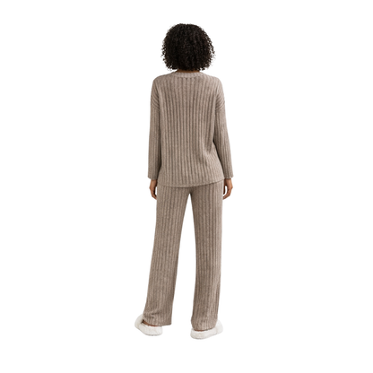 women’s ribbed knit lounge set – taupe – back view – The Olace