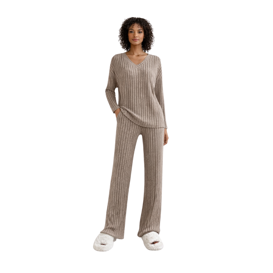 women’s ribbed knit lounge set – taupe – front view – The Olace