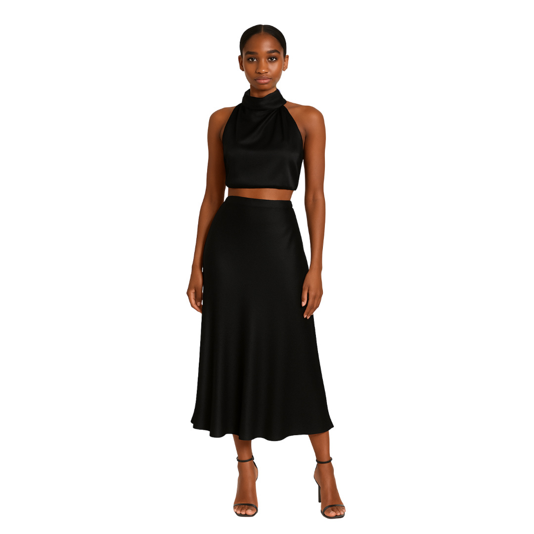 women’s satin halter neck co-ord set in black – The Olace