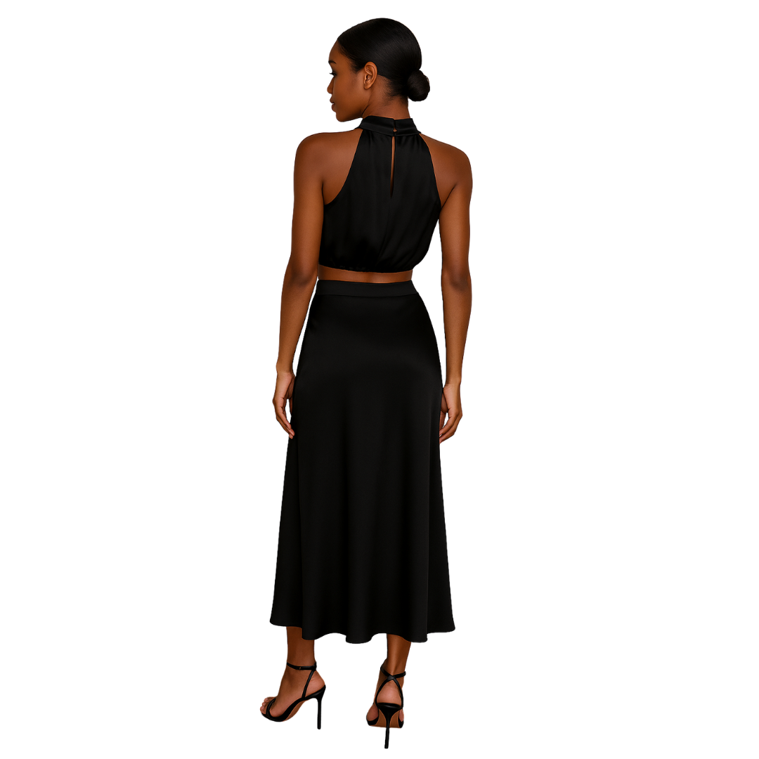 women’s satin halter neck co-ord set in black, back view – The Olace