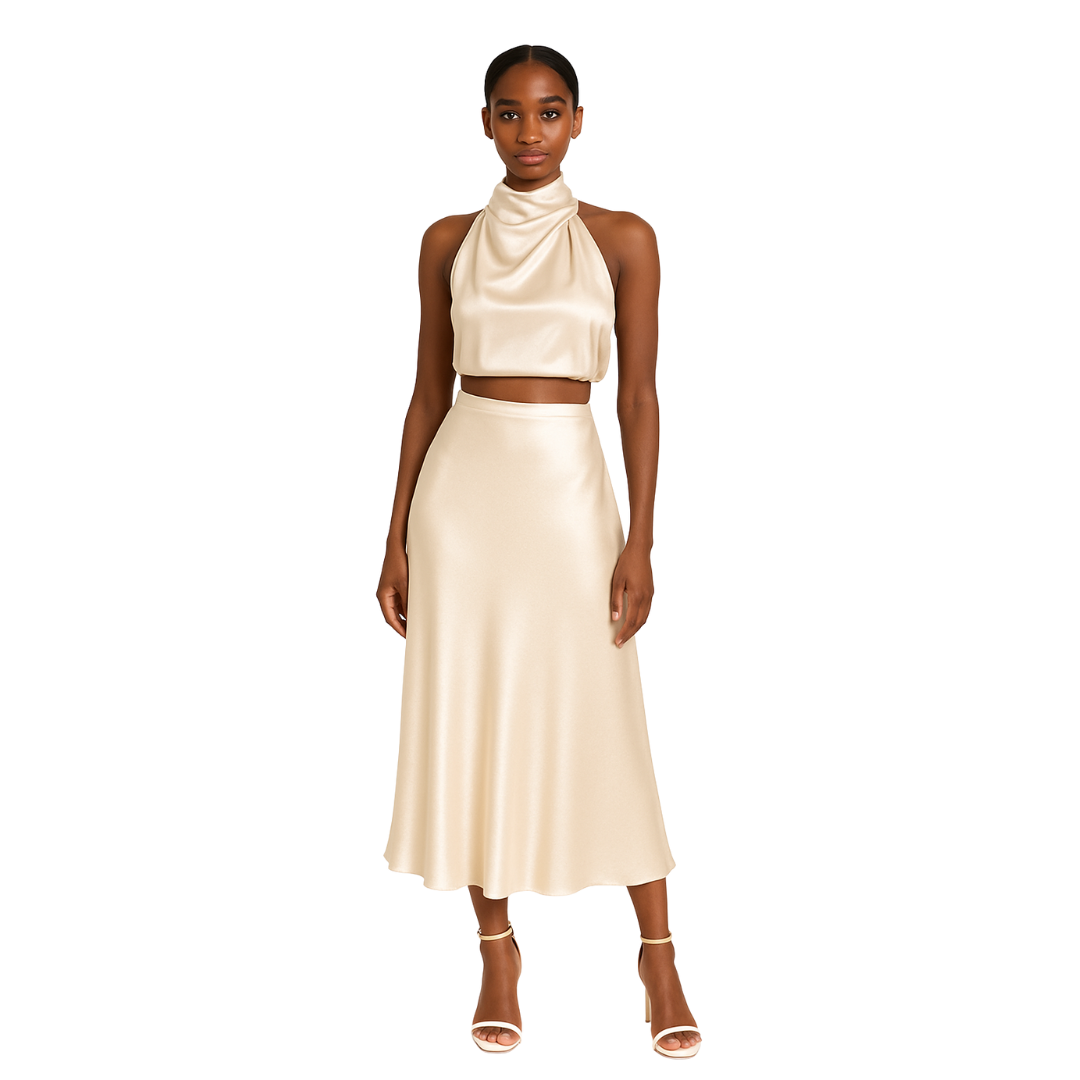 women’s satin halter neck co-ord set in champagne - The Olace