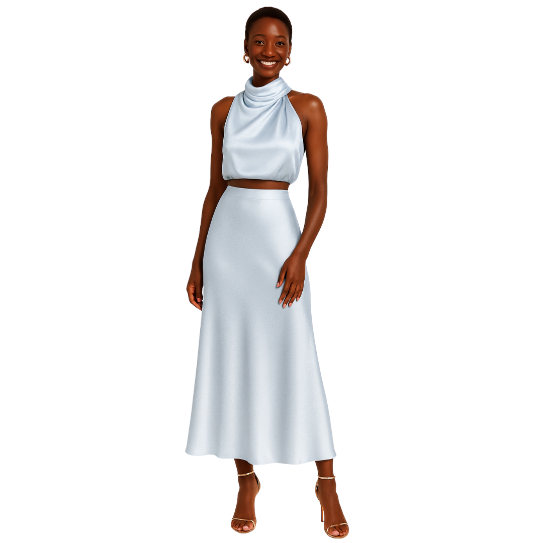 women’s satin halter neck co-ord set in light blue - The Olace