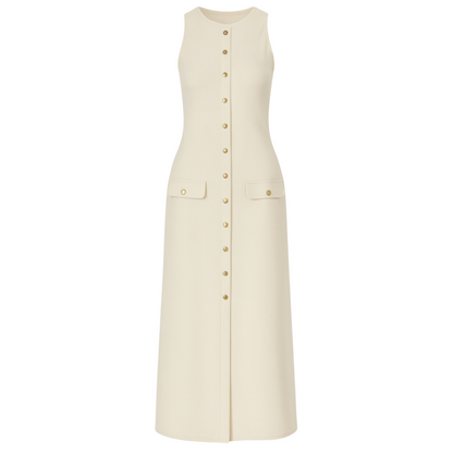 women’s sleeveless button-down knit midi dress in cream, flat lay – The Olace