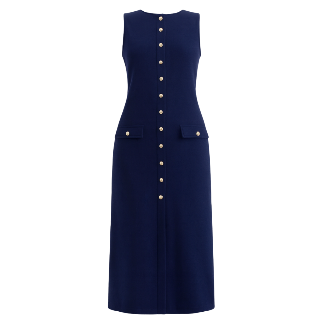 women’s sleeveless button-down knit midi dress in navy, flat lay – The Olace