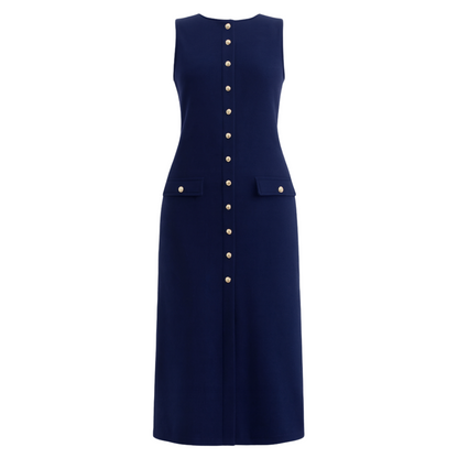 women’s sleeveless button-down knit midi dress in navy, flat lay – The Olace