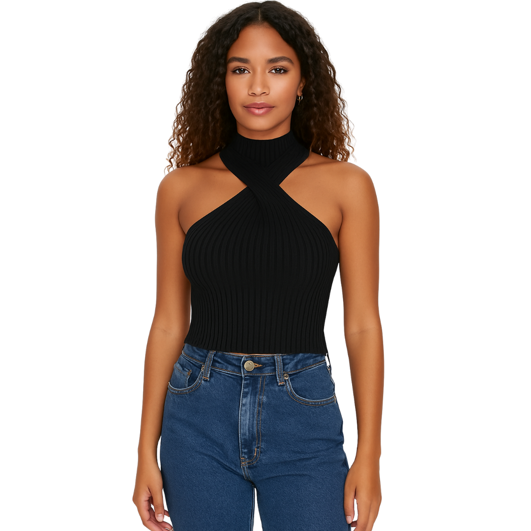 women’s twist front ribbed knit halter top in black – The Olace