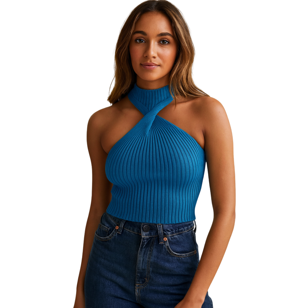 women’s twist front ribbed knit halter top in blue – The Olace