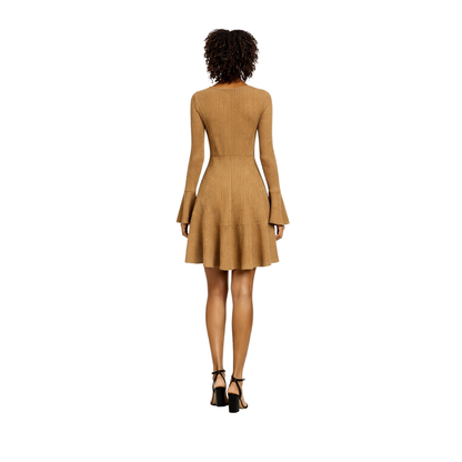 women's v-neck knitted mini dress brown  back view – The Olace
