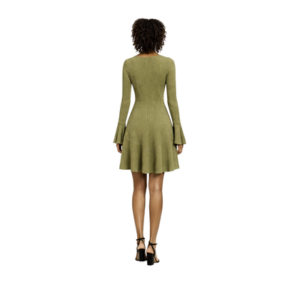 women's v-neck knitted mini dress green  back view – The Olace